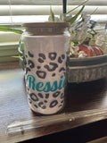 16oz Glass Can Leopard Name